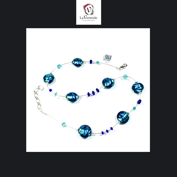 Collier verre de Murano. Collier Charly. Bijoux Murano. Collier bleu.